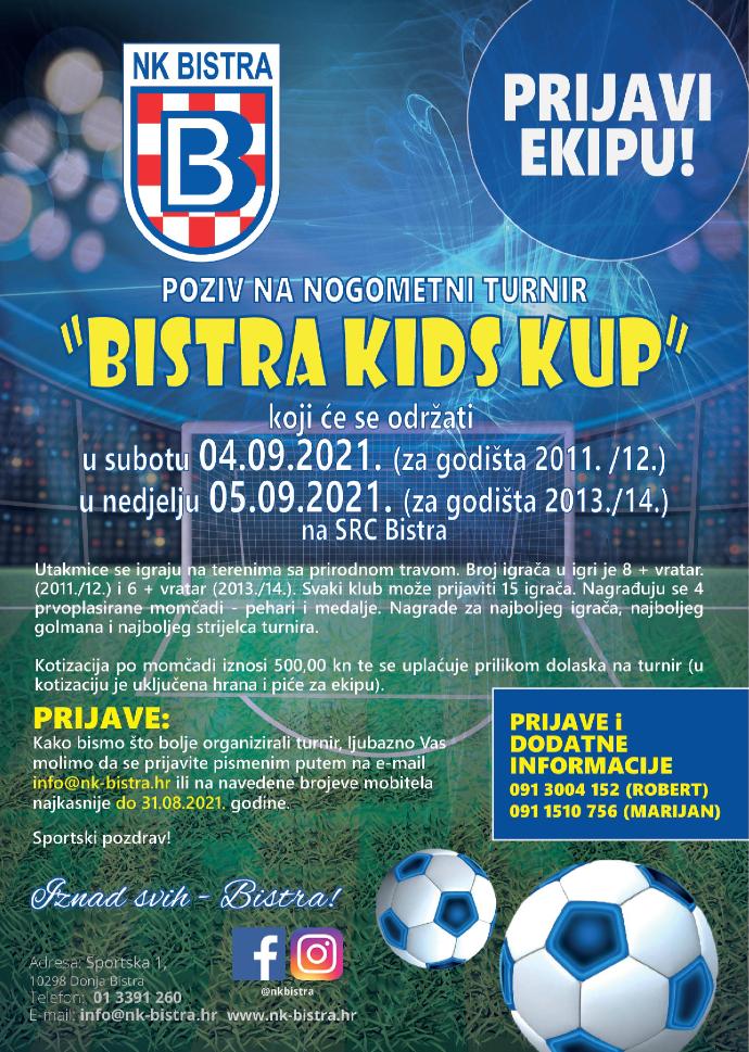 Raspored turnira za Limače i Prstiće Bistra kids kup 2021. godine